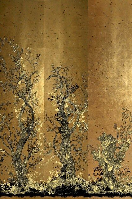 papier peint chinoiserie d'or,marron,art