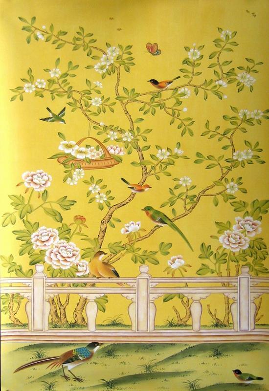 papel pintado chinoiserie amarillo,amarillo,fondo de pantalla,árbol,pintura,planta