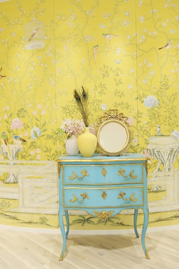 yellow chinoiserie wallpaper,yellow,wallpaper,wall,furniture,room