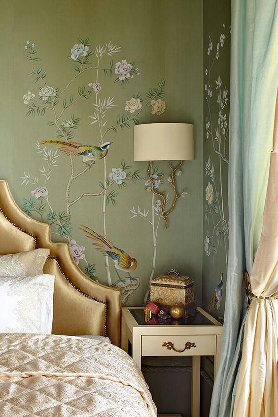 gournay wallpaper,room,furniture,green,bedroom,wallpaper