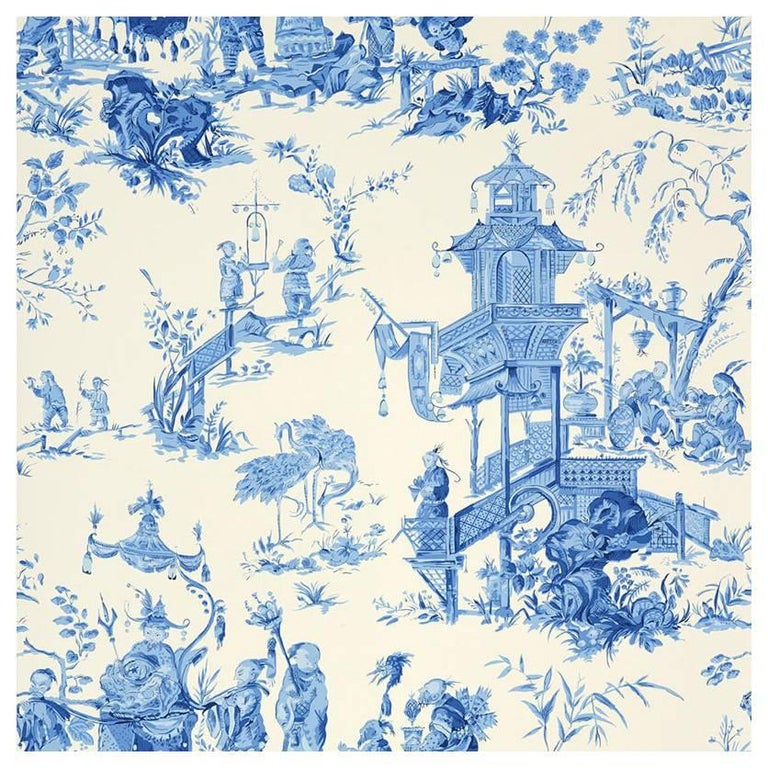 papier peint chinoiserie schumacher,bleu,modèle,porcelaine bleue et blanche,textile,conception