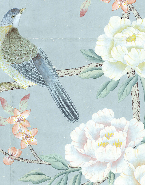 chinoiserie tapete wandbild,vogel,blume,pflanze,pfingstrose,hockender vogel