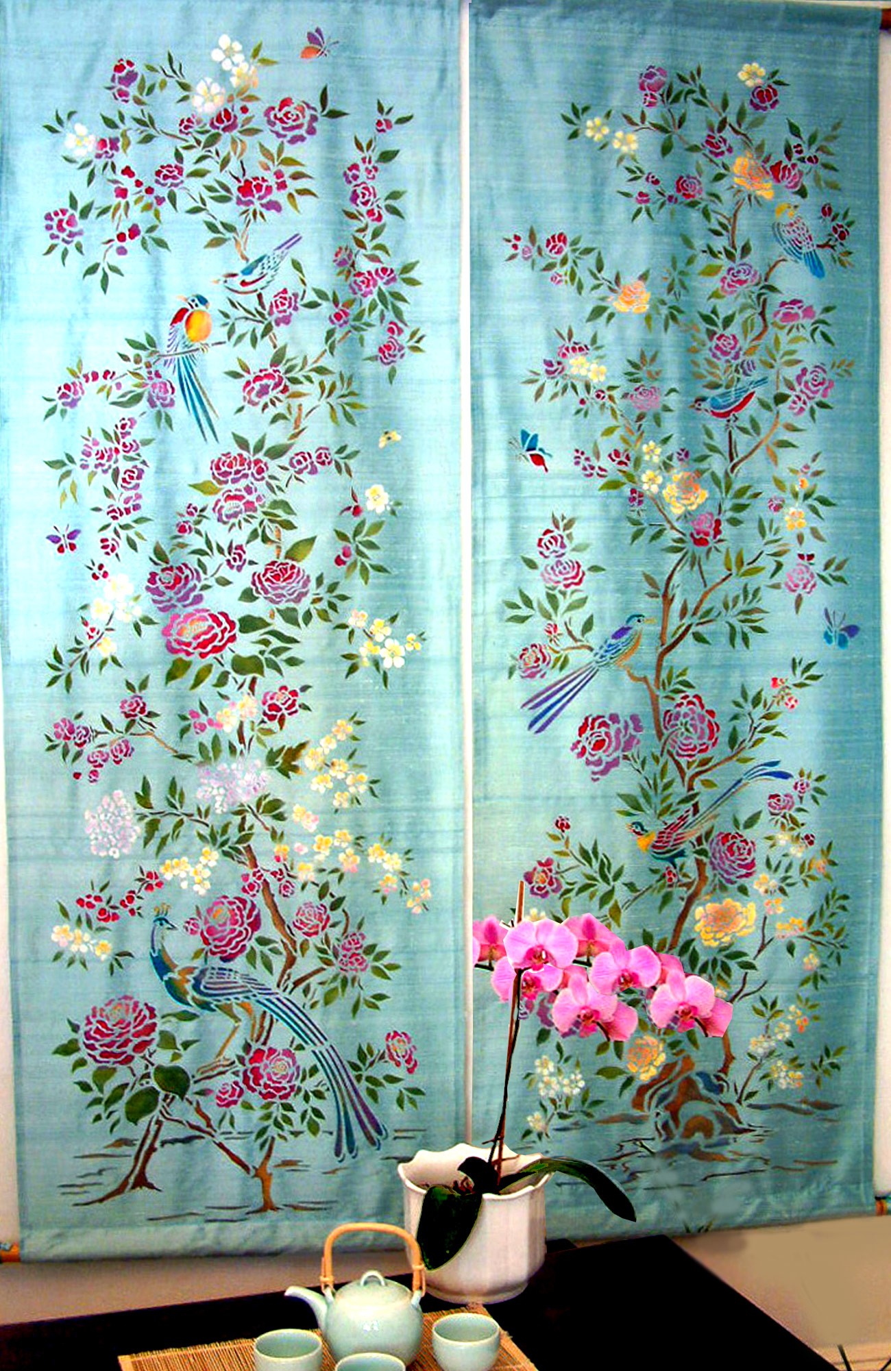 chinoiserie wallpaper mural,curtain,textile,interior design,room,plant
