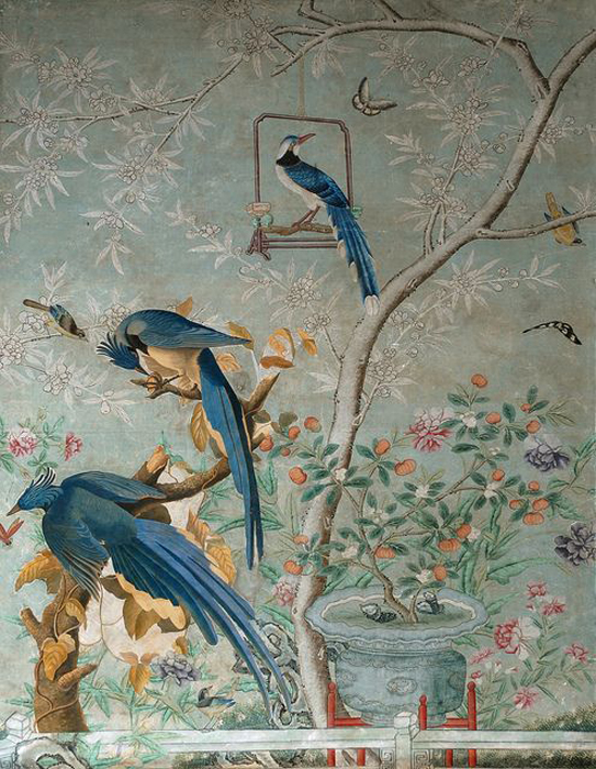 chinoiserie wallpaper mural,painting,bird,art,bluebird,jay