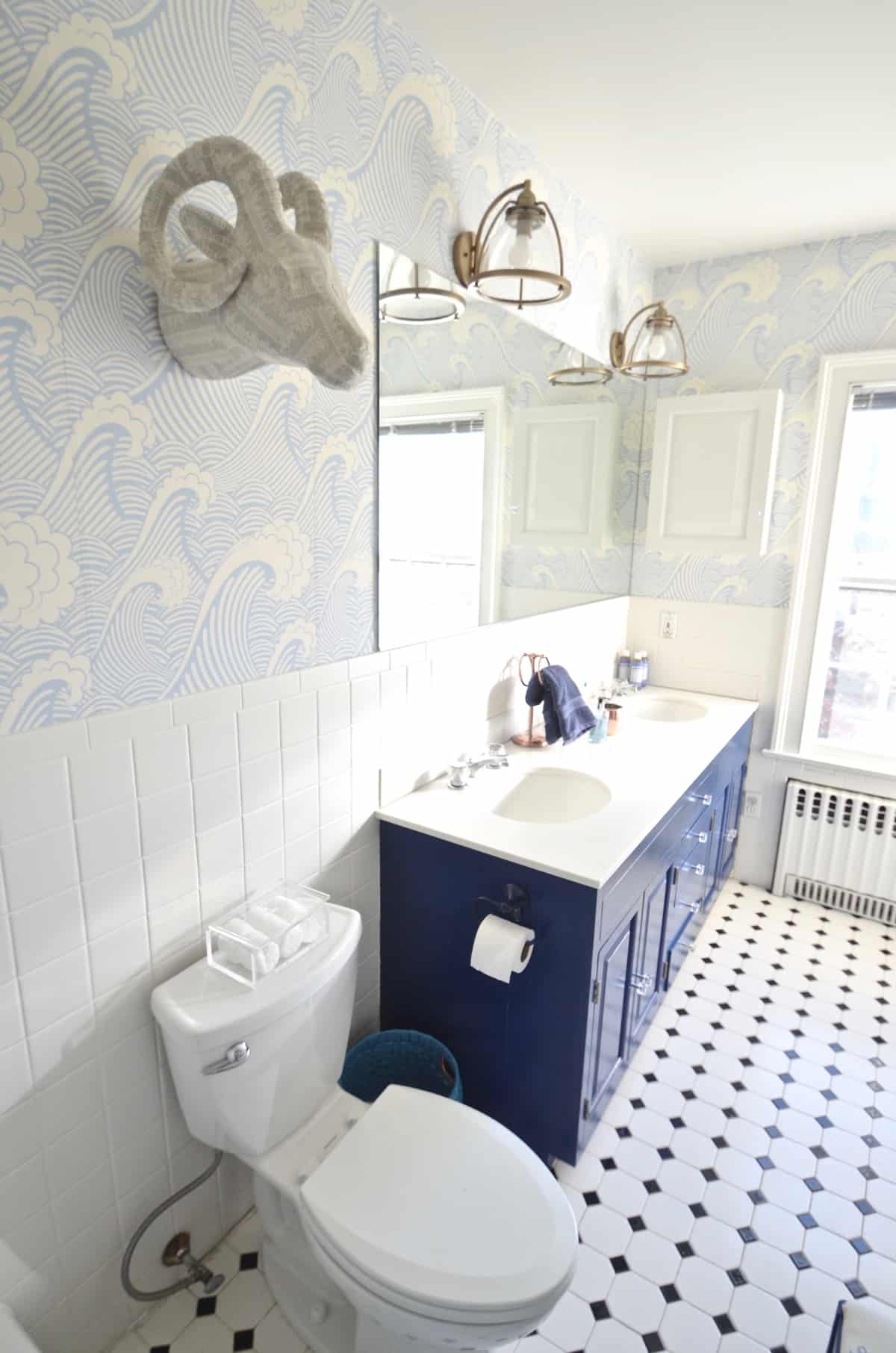 Updated Kids Bathroom With Wallpaper And New Pendant Peel And Stick