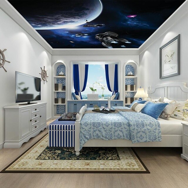 fondo de pantalla de dormitorio de star wars,dormitorio,techo,mueble,habitación,azul