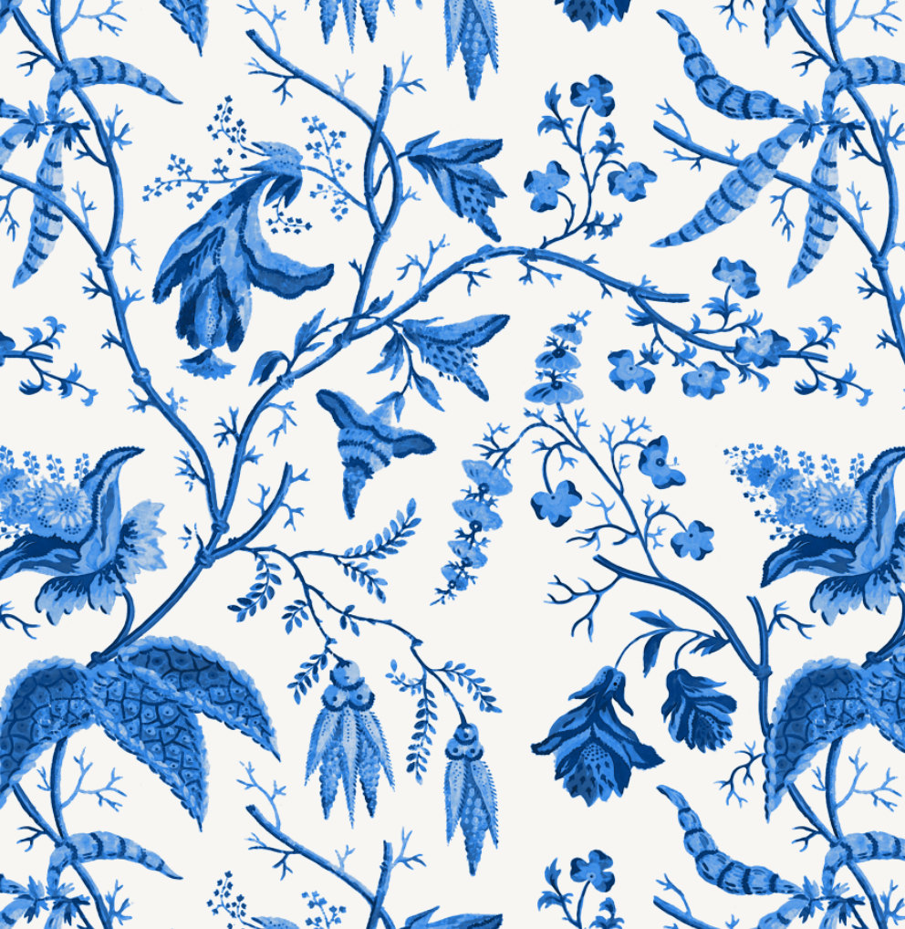 blue chinoiserie wallpaper,pattern,botany,design,leaf,plant