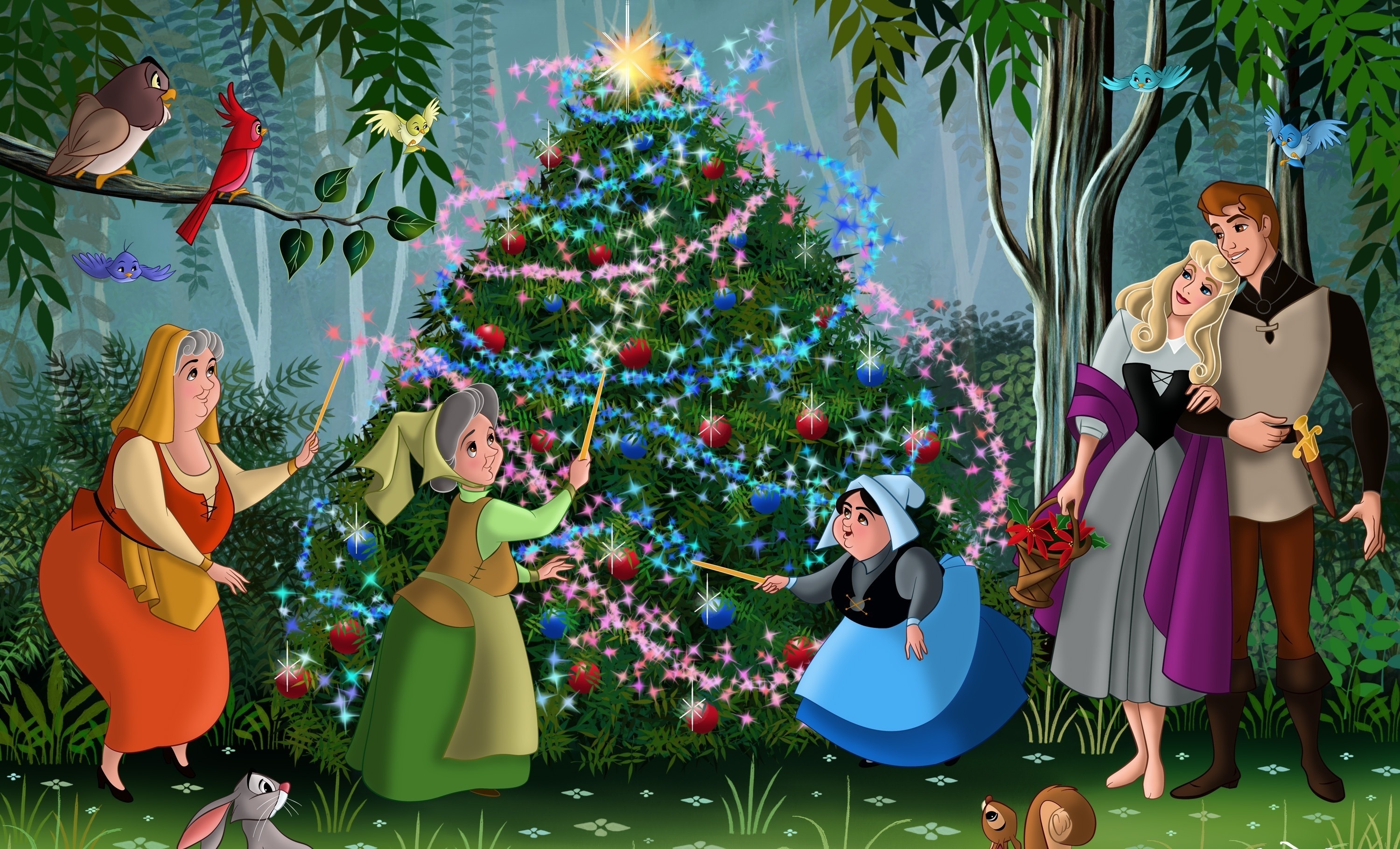 dornröschen tapete,animierter cartoon,weihnachtsbaum,heiligabend,weihnachtsschmuck,baum