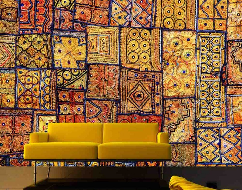 indian wallpaper,wall,wallpaper,yellow,couch,orange