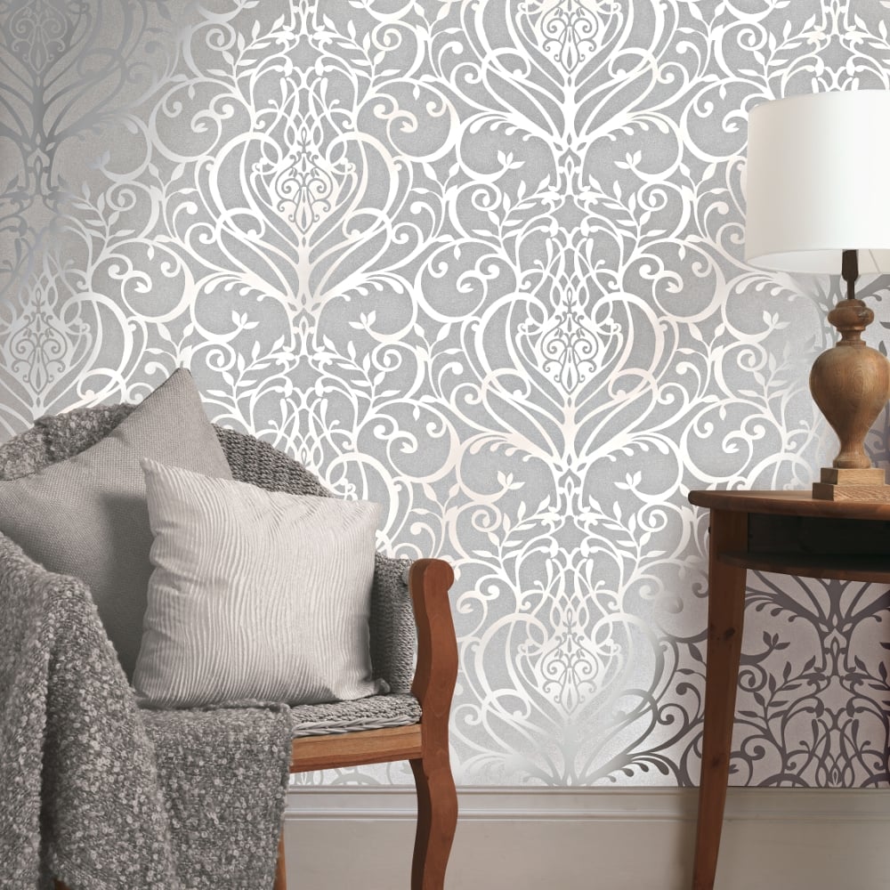 Grey And Silver Damask WallpaperUse