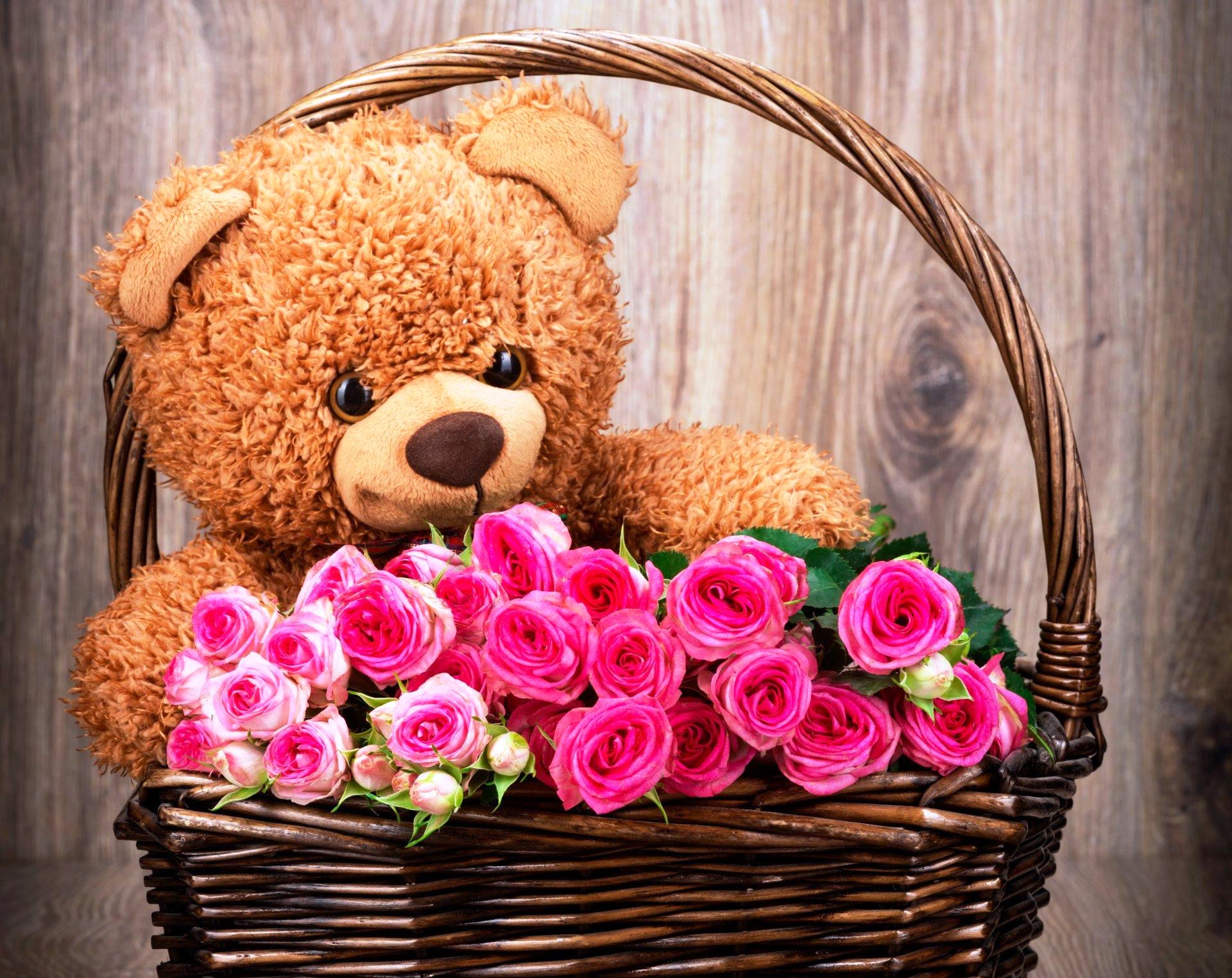 teddy bear wallpaper,teddy bear,pink,basket,cut flowers,hamper