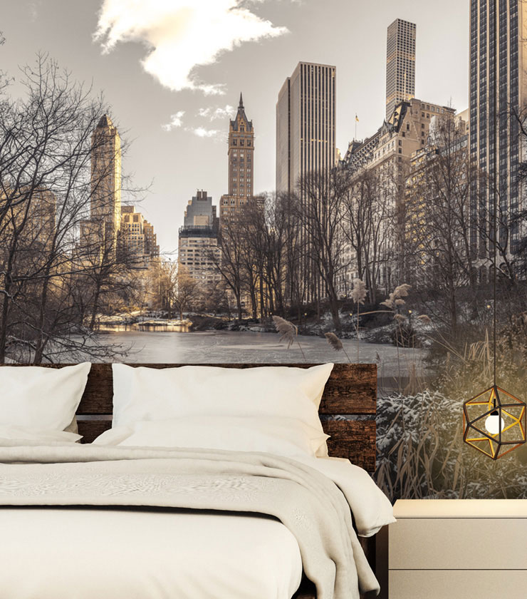 bedroom wallpaper,room,wall,skyline,snow,furniture