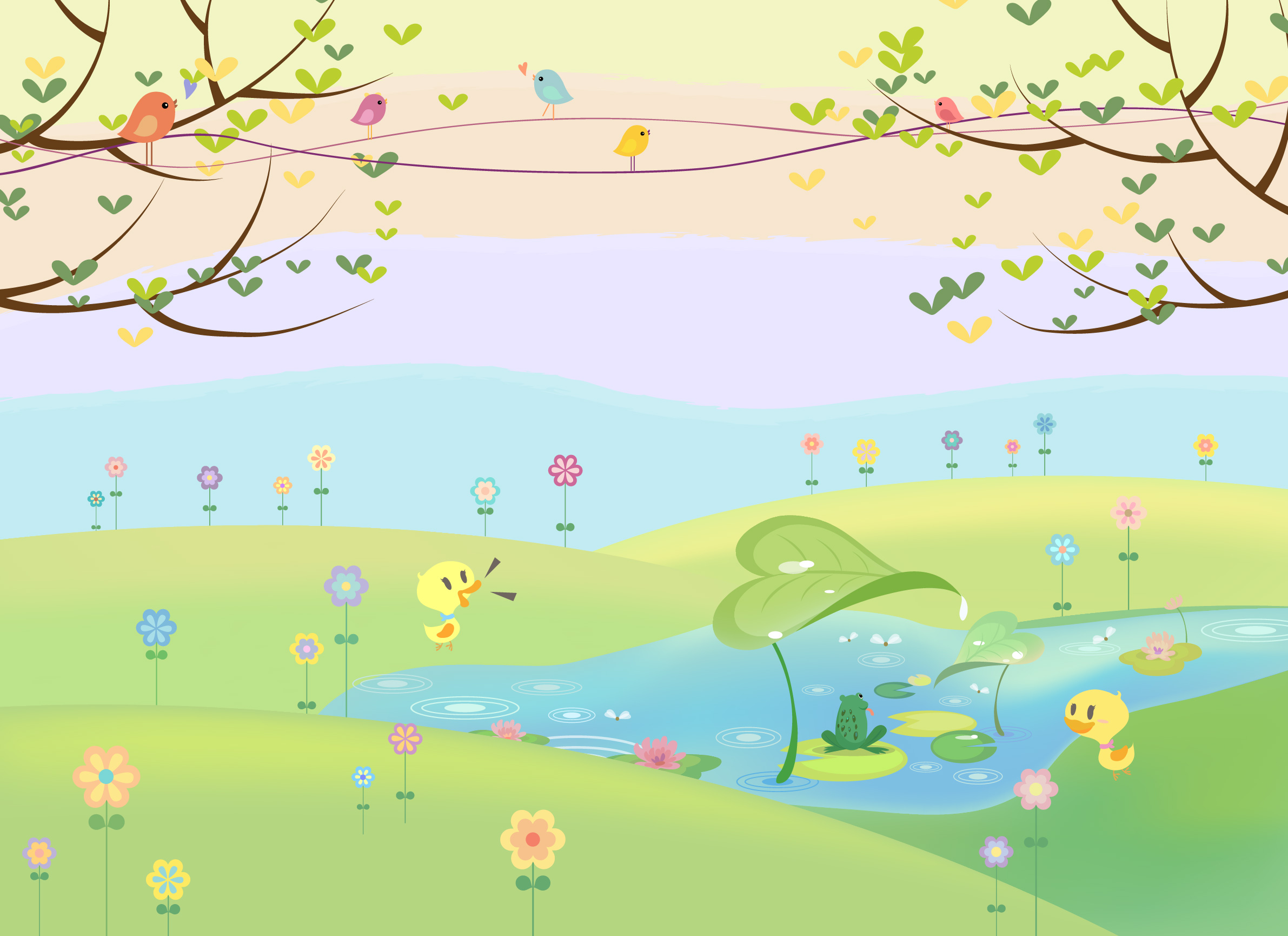 childrens wallpaper,nature,green,natural landscape,yellow,branch