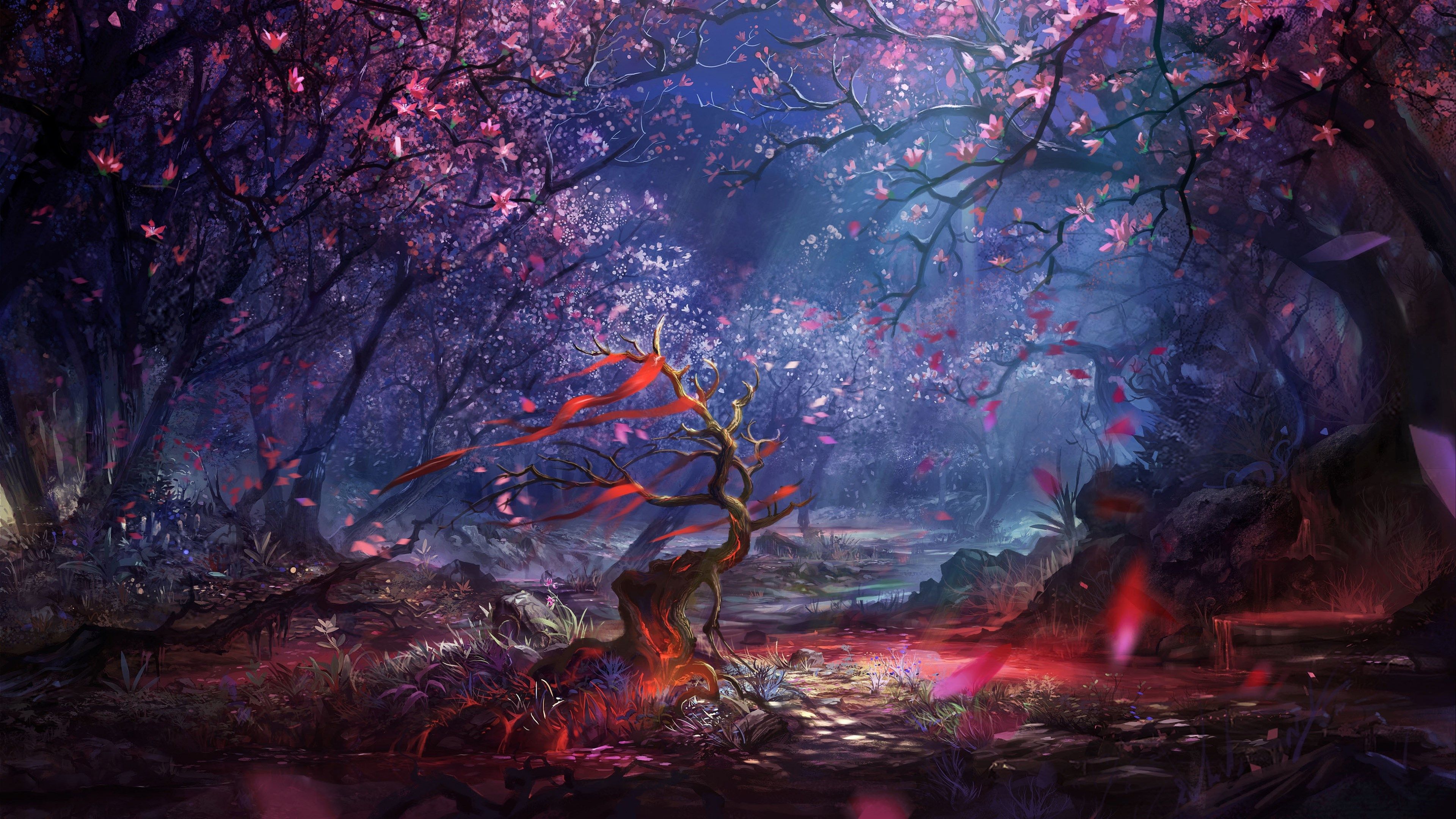 마법의 벽지,자연,보라색,나무,cg 삽화,분위기