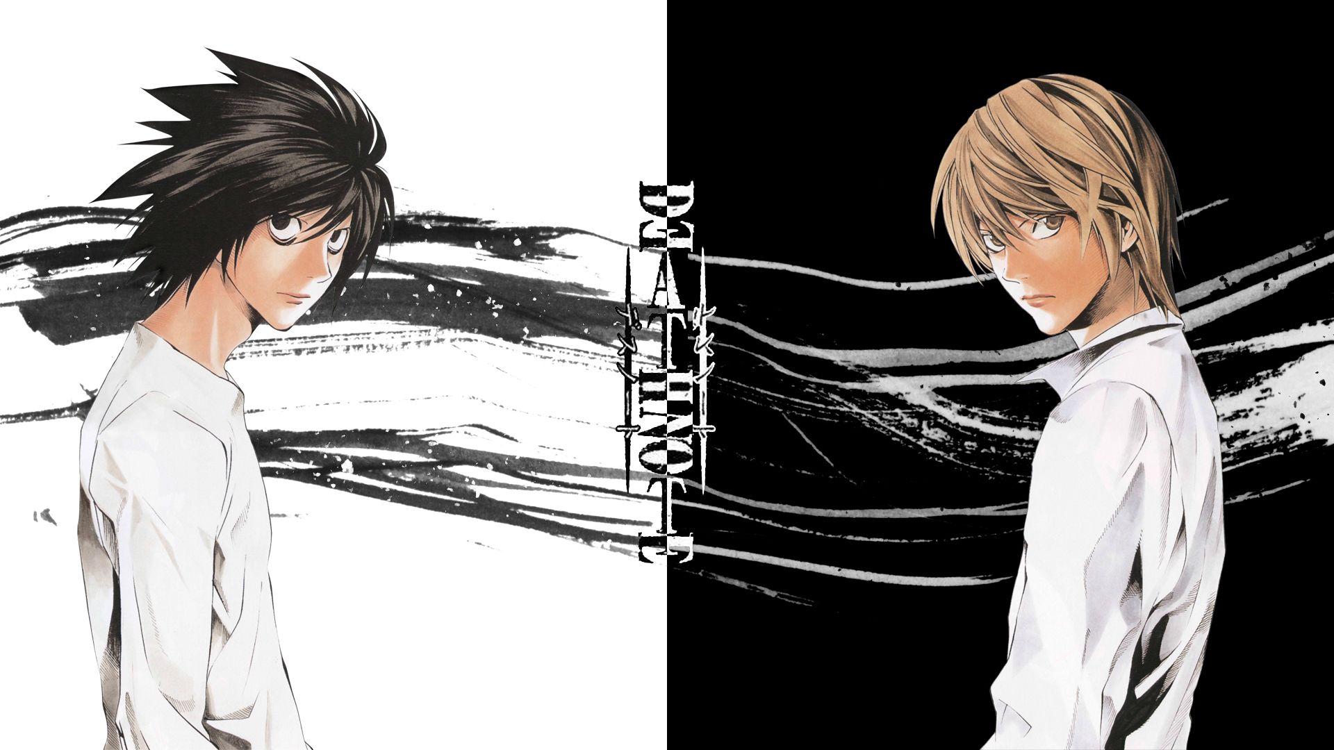 death note wallpaper,cartoon,anime,black hair,monochrome,black and white