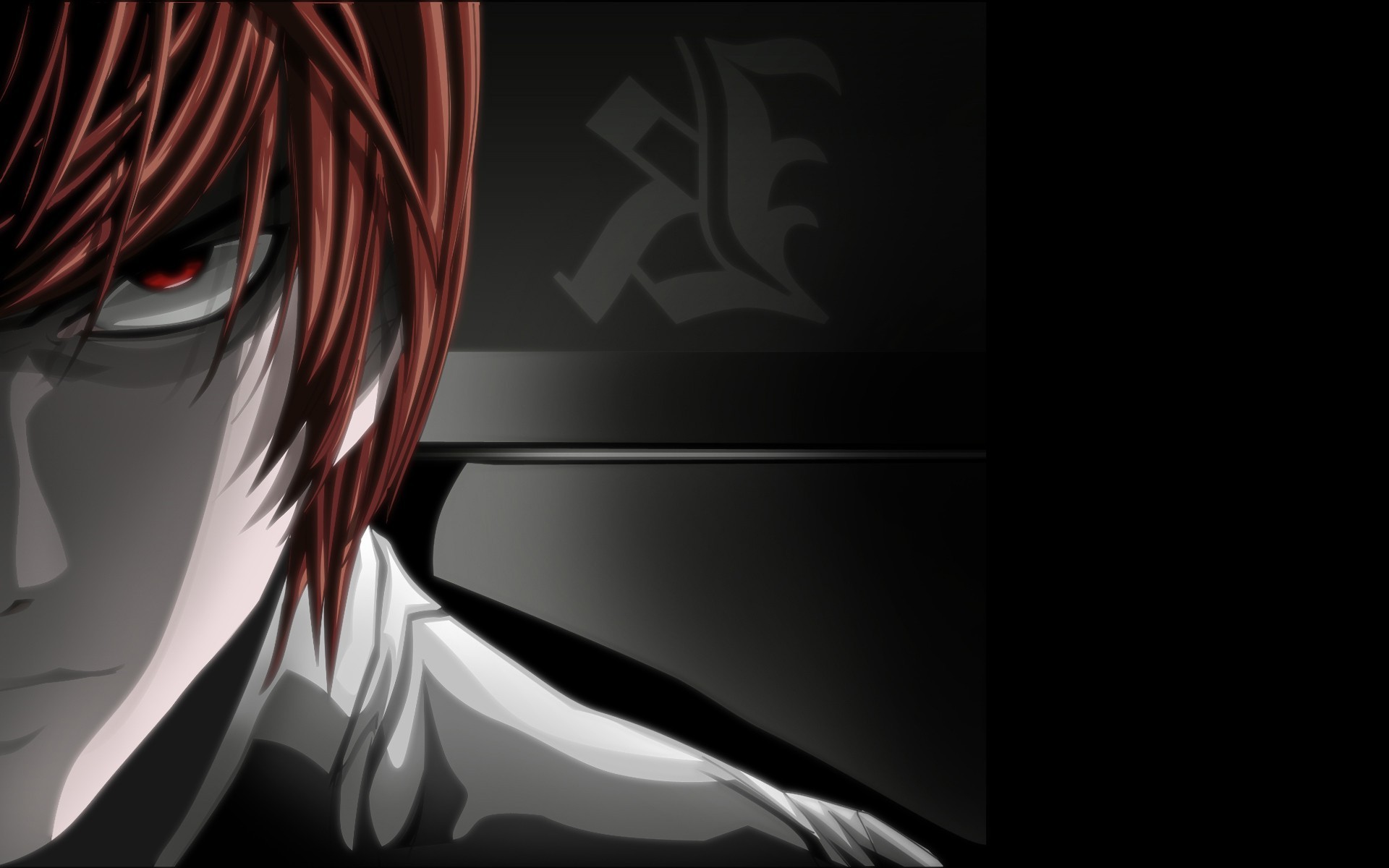 death note wallpaper,hair,face,cg artwork,black,red