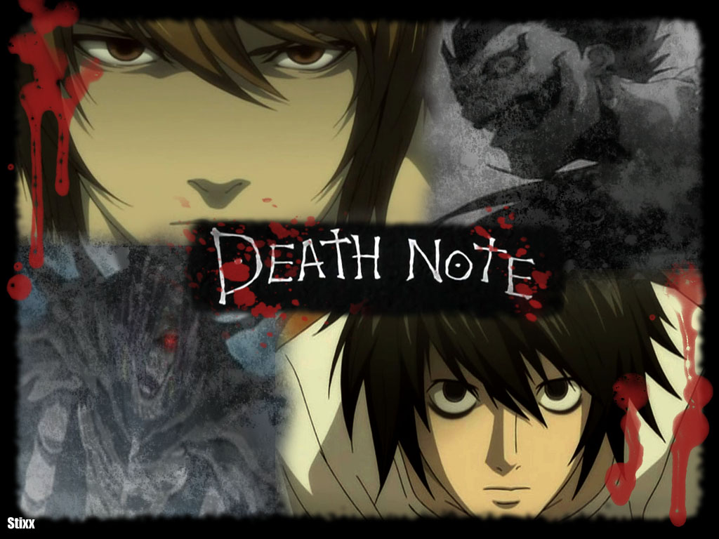 death note wallpaper,cartoon,anime,cg artwork,black hair,font
