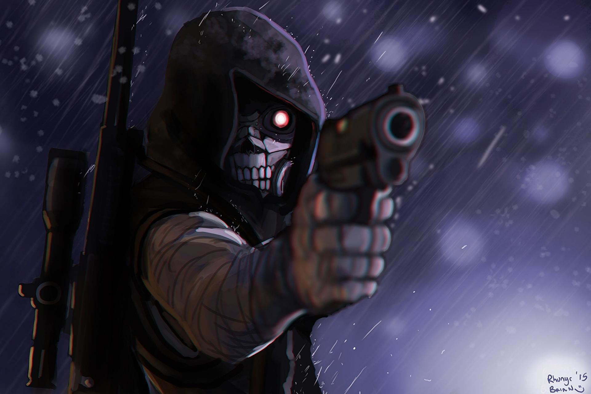 gun wallpaper,fictional character,darkness,personal protective equipment,mask,space