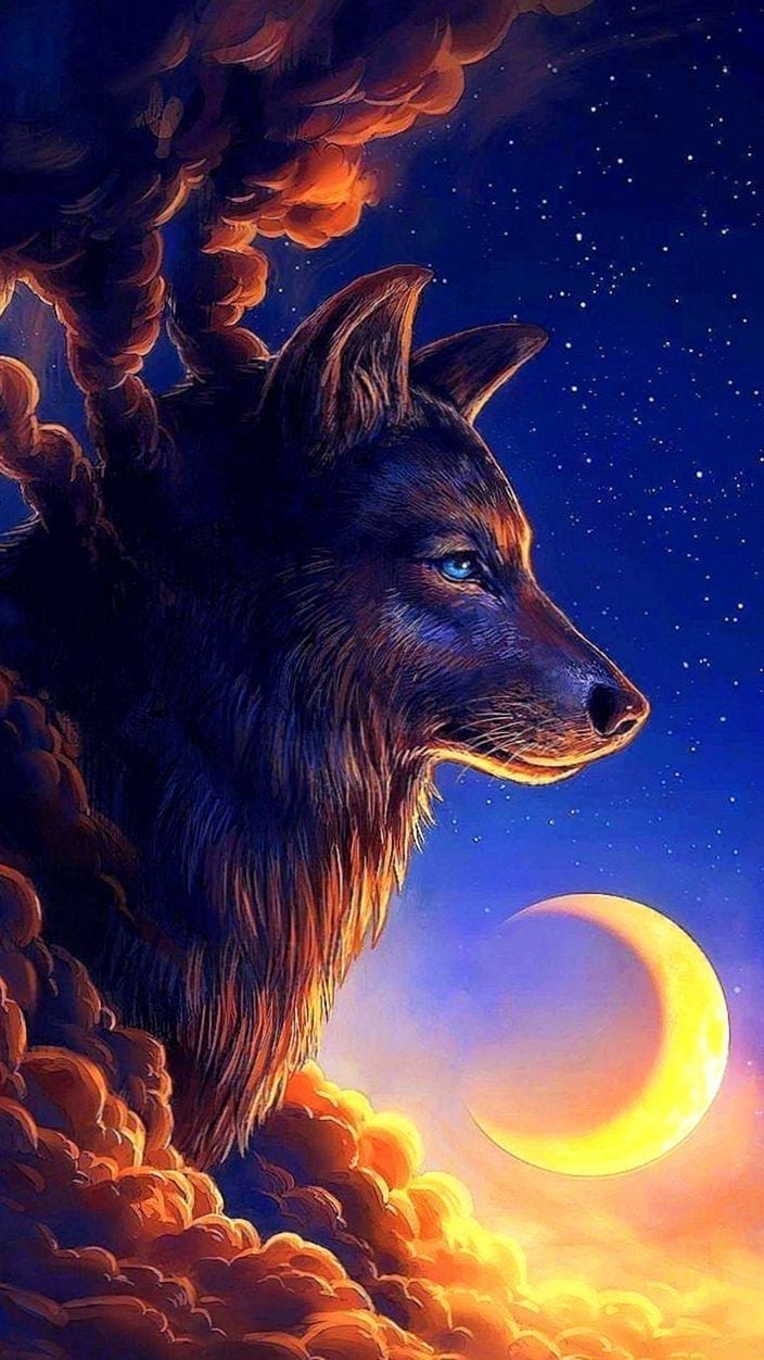wolf wallpaper,sky,canidae,wolf,moon,illustration