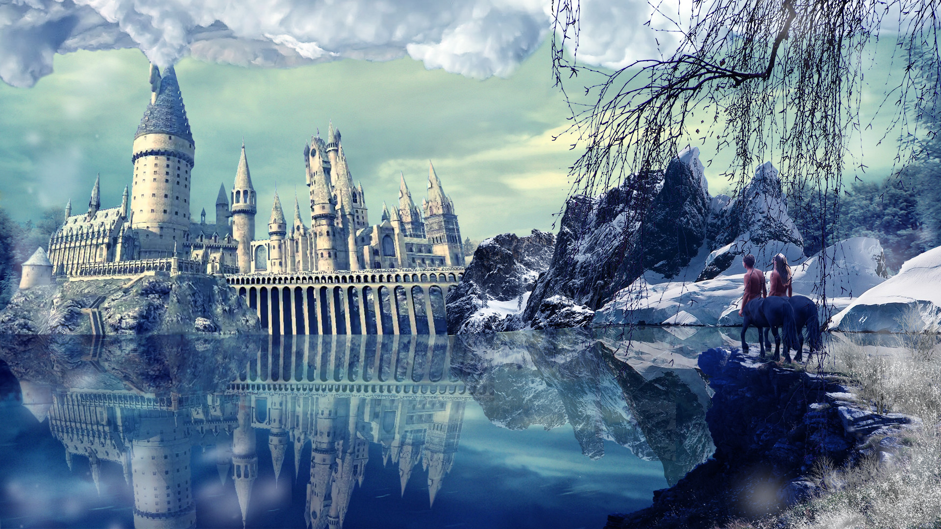 carta da parati di harry potter,paesaggio naturale,riflessione,cielo,castello d'acqua,pittura ad acquerello