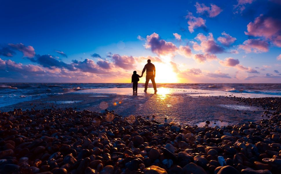 carta da parati padre e figlio,cielo,mare,spiaggia,oceano,acqua