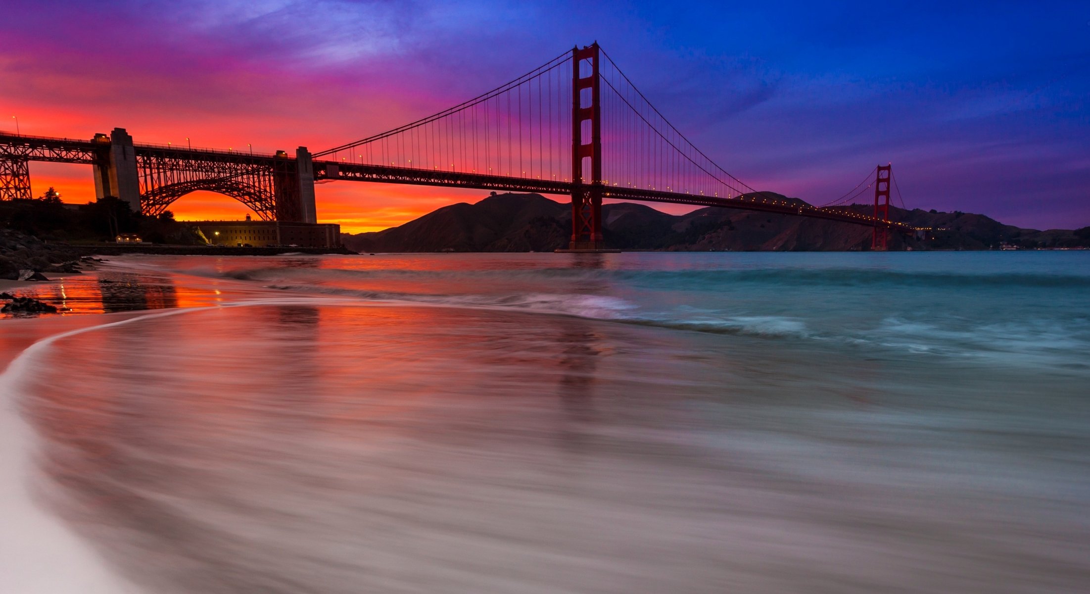 サンフランシスコの橋の壁紙,空,ブリッジ,水,夕暮れ,青い