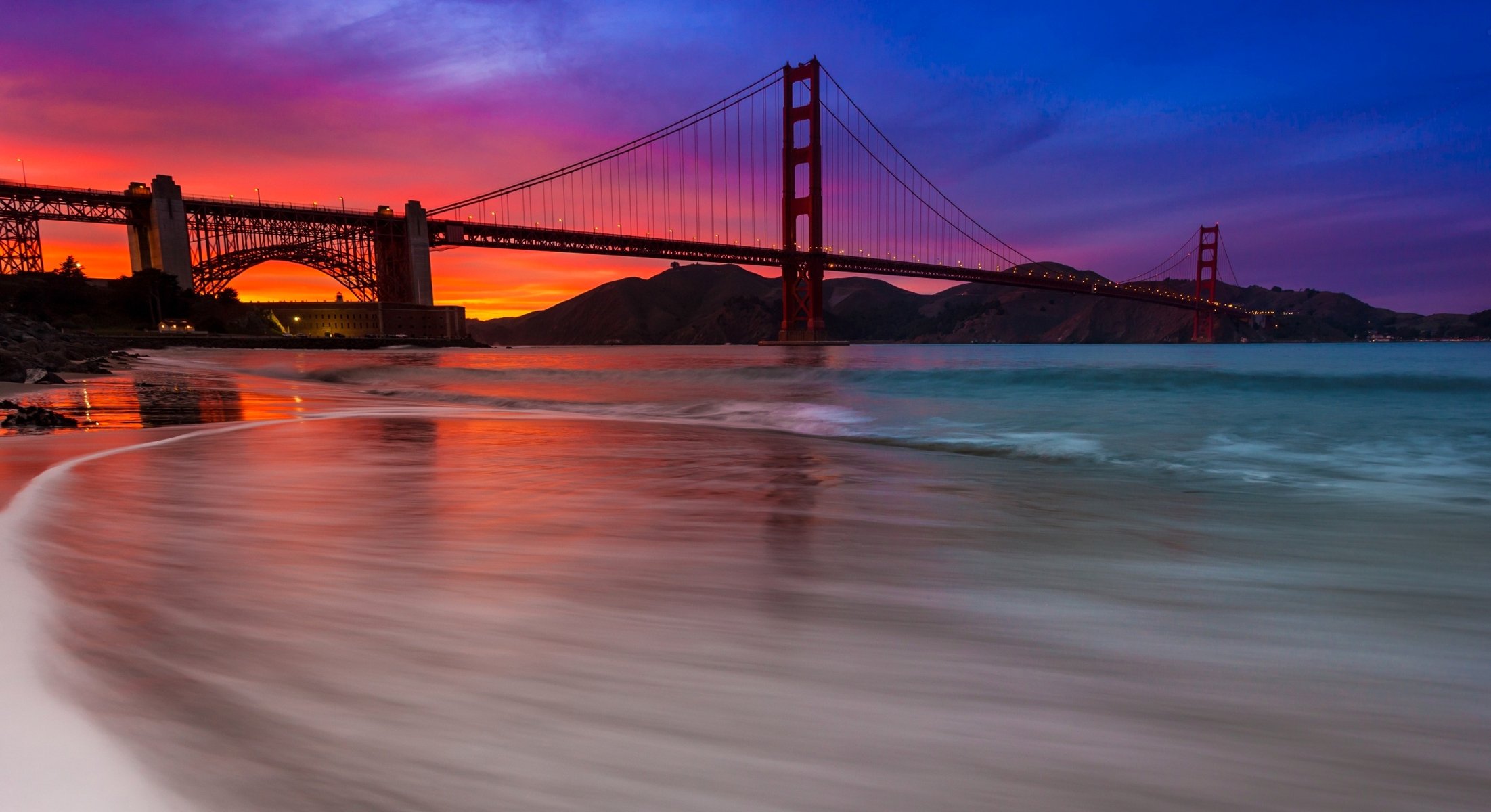 san francisco bridge wallpaper,himmel,brücke,wasser,dämmerung,blau