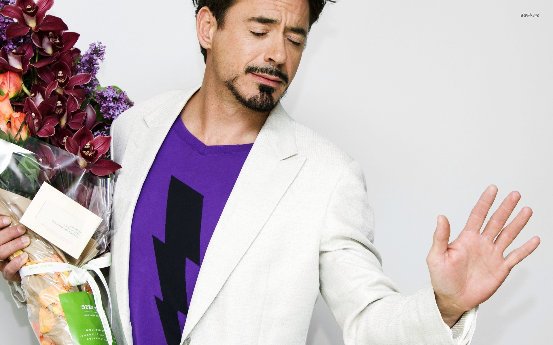 robert downey jr hd wallpaper,suit,purple,formal wear,plant,fashion design