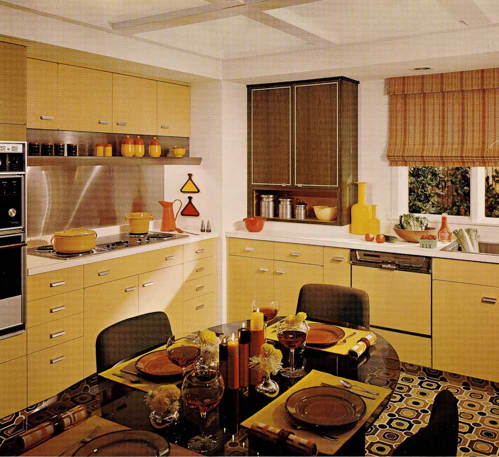 70s style wallpaper,room,countertop,furniture,kitchen,cabinetry