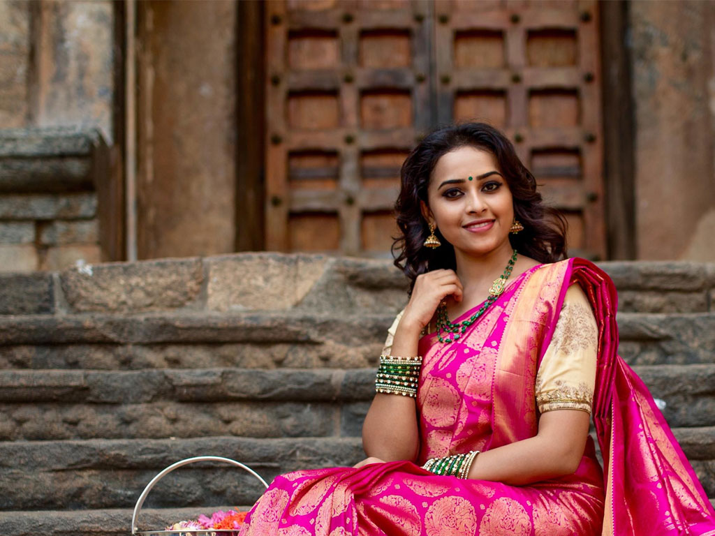 sri divya wallpaper,pink,sari,magenta,formal wear,photo shoot