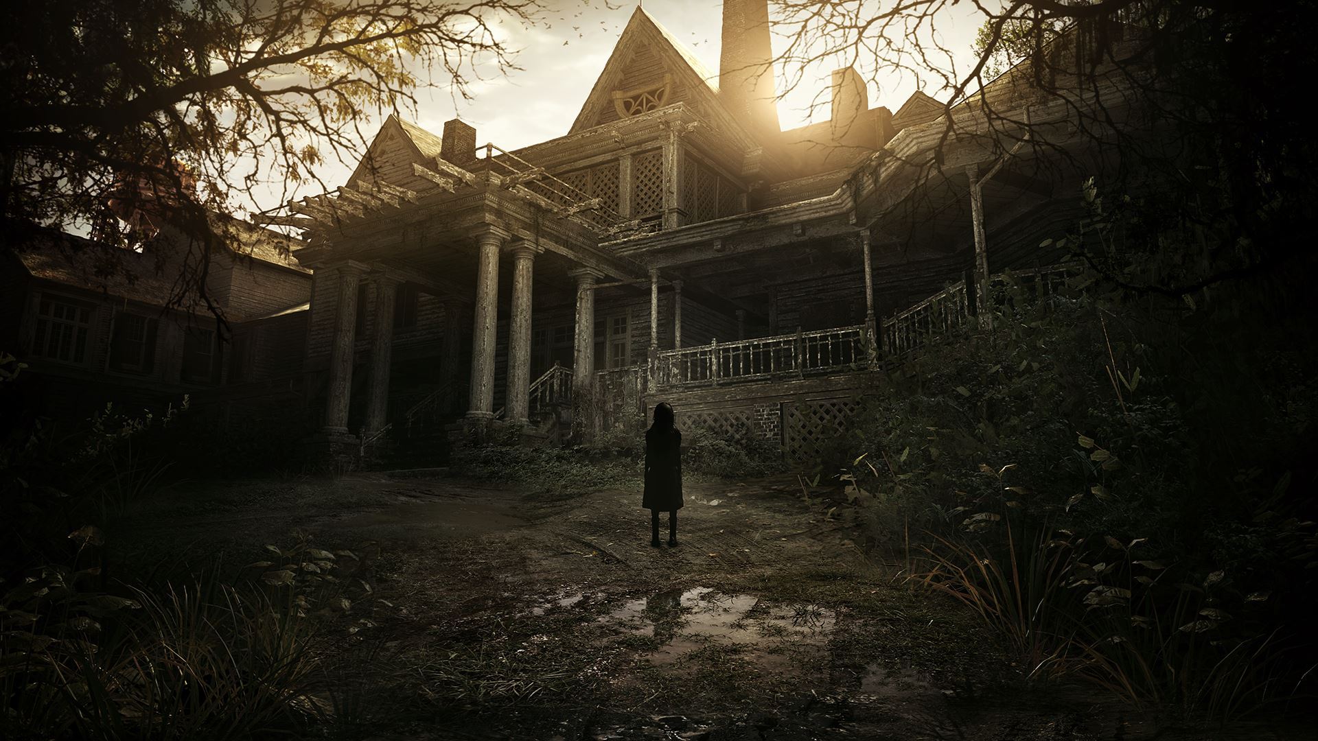 resident evil 7 fond d'écran hd,lumière,maison,atmosphère,arbre,ténèbres