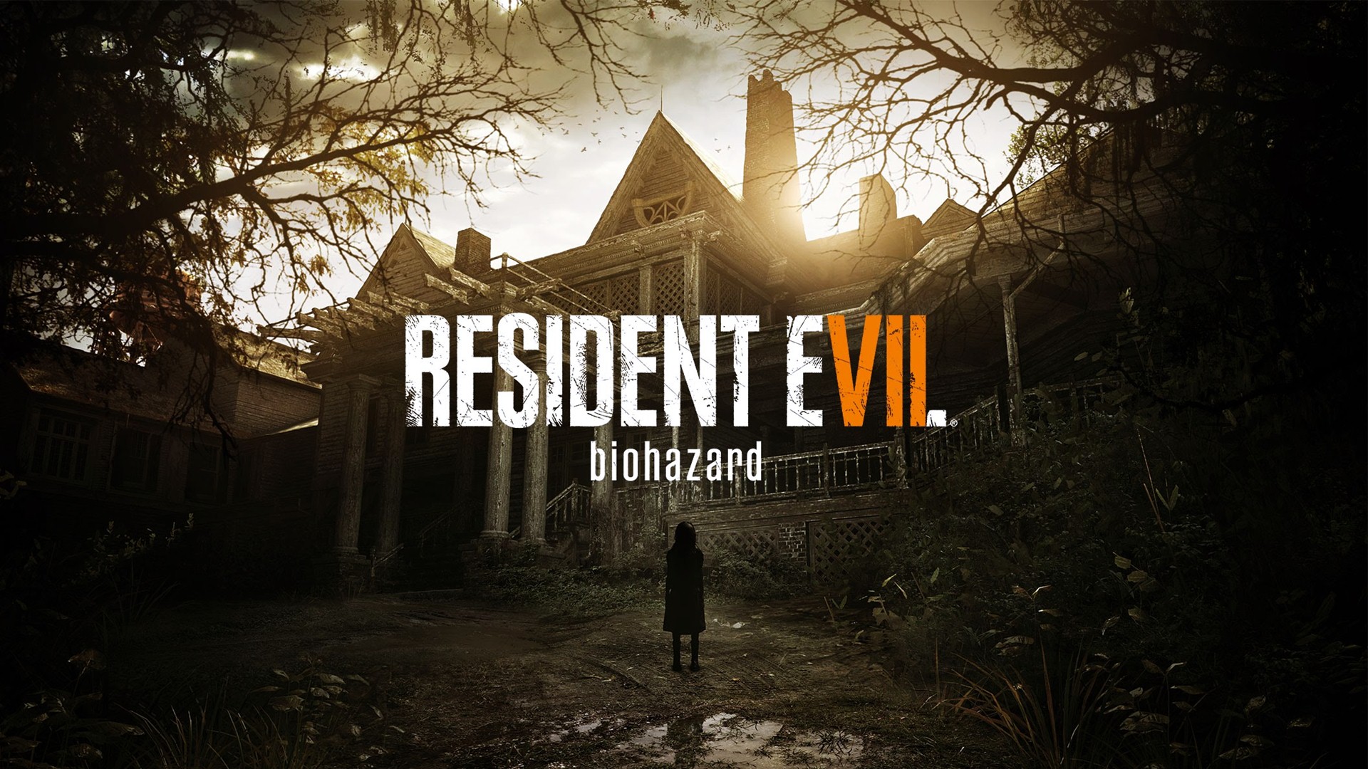 resident evil 7 biohazard wallpaper,font,tree,atmosphere,architecture,sunlight