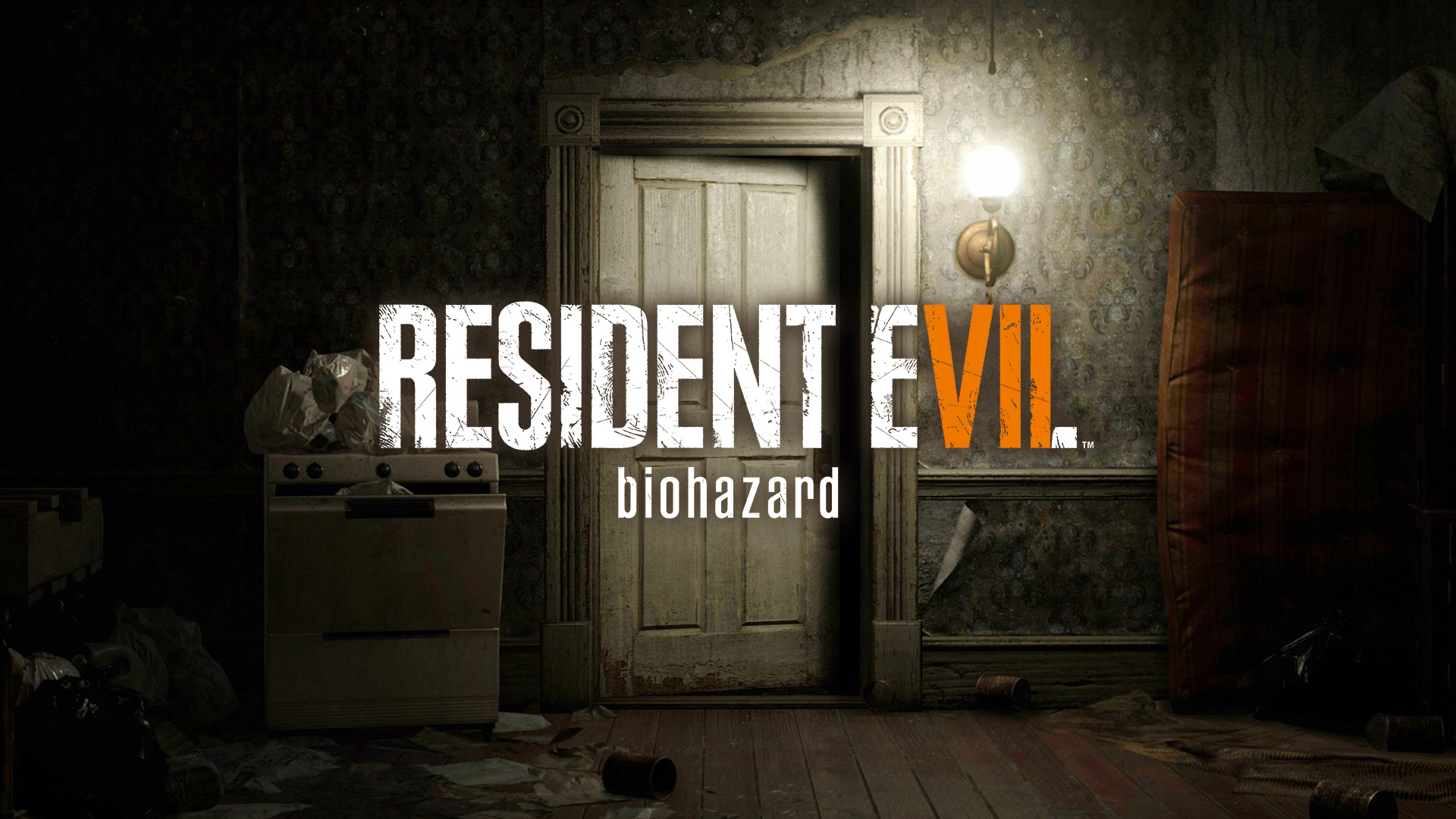 carta da parati resident evil 7 a rischio biologico,testo,camera,buio,porta,font