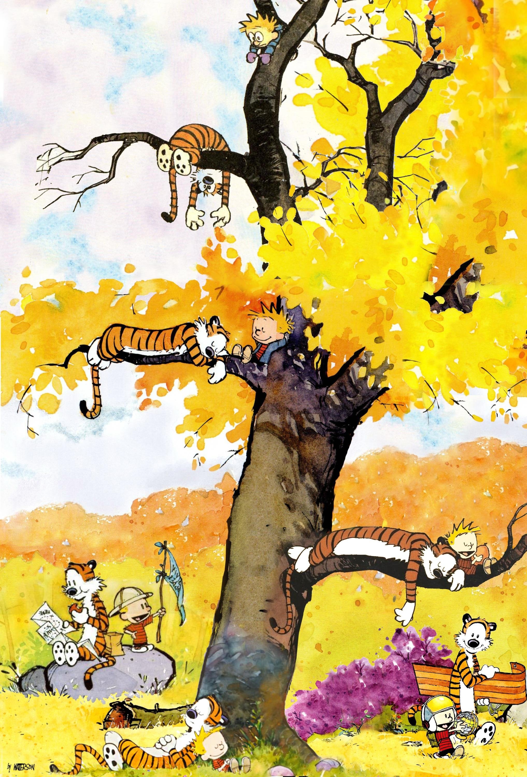 fondo de pantalla de calvin hobbes,amarillo,árbol,dibujos animados,pintura,ilustración