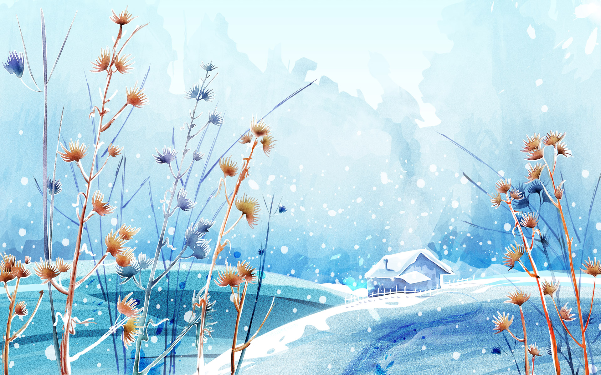 winter wallpaper herunterladen,aquarellfarbe,blau,himmel,pflanze,wildblume
