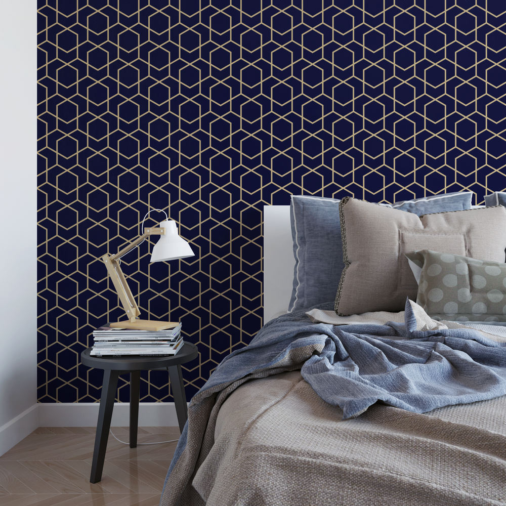 navy and gold wallpaper,wall,blue,wallpaper,room,interior design