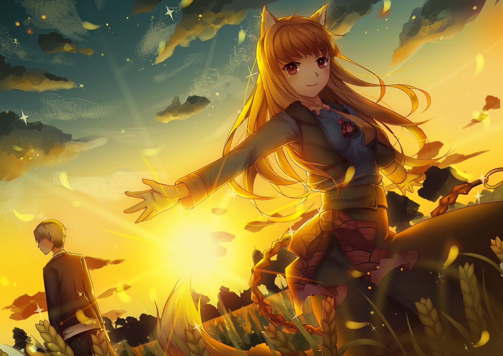 spice and wolf wallpaper,cg artwork,anime,illustration,fictional character,sky
