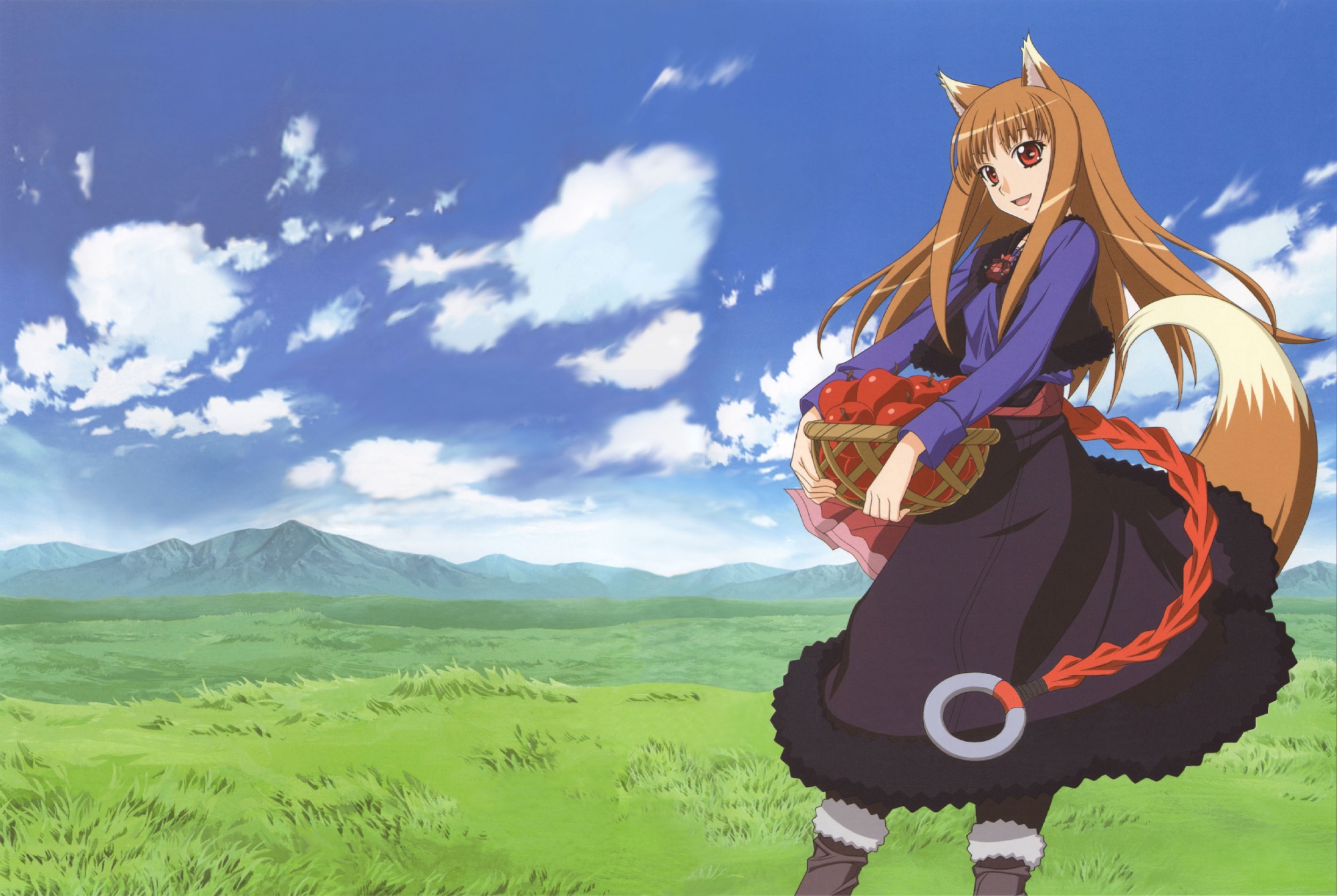 spice and wolf wallpaper,cartoon,anime,animated cartoon,sky,long hair