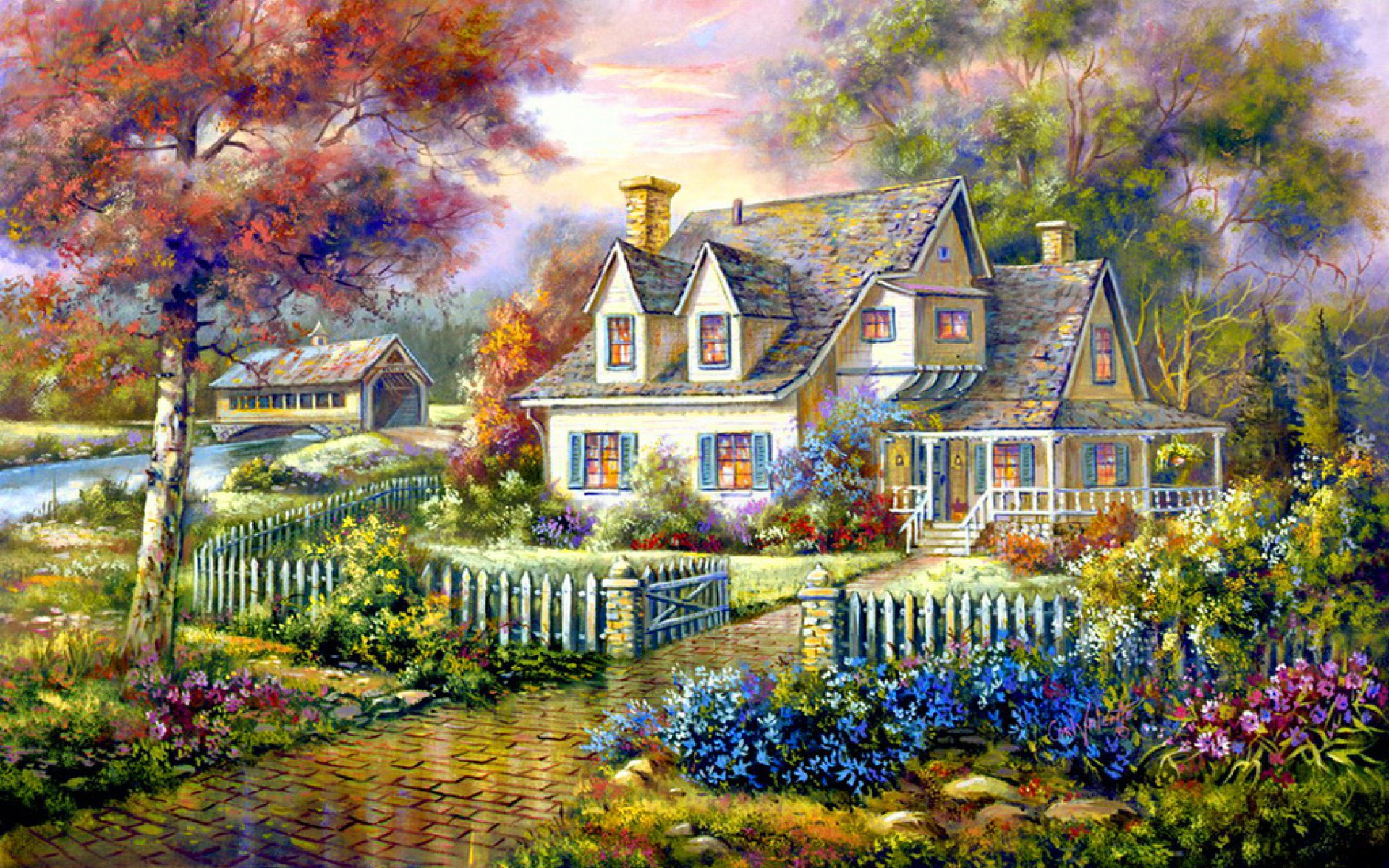 home image wallpaper,painting,house,home,watercolor paint,acrylic paint