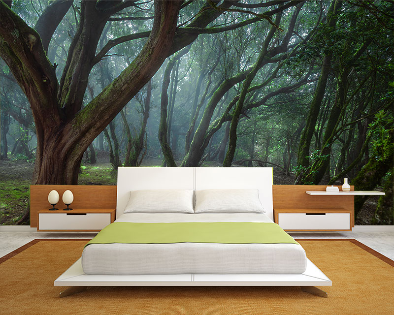 feature wallpaper murals,furniture,bed,bedroom,tree,room
