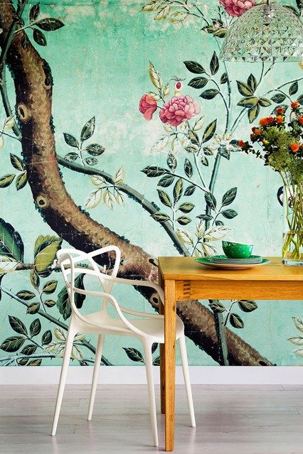 feature wallpaper murals,furniture,wallpaper,table,botany,interior design