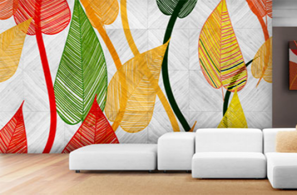 digital print wallpaper,modern art,living room,leaf,wallpaper,yellow