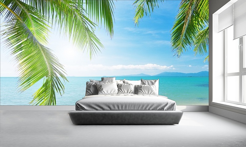 beach wallpaper bedroom,furniture,wall,property,mural,palm tree