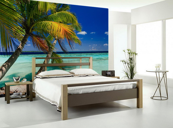 beach wallpaper bedroom,bedroom,furniture,bed,bed frame,room