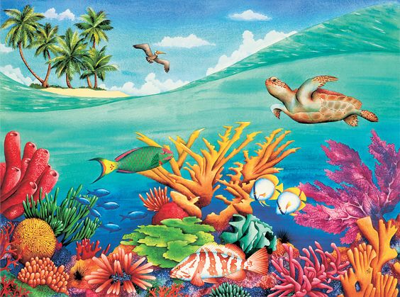 papier peint sur le thème des poissons,récif de corail,sous marin,biologie marine,tortue de mer,mural
