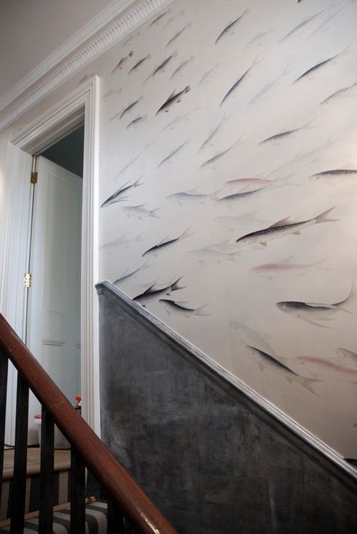 fish themed wallpaper,wall,stairs,ceiling,architecture,room