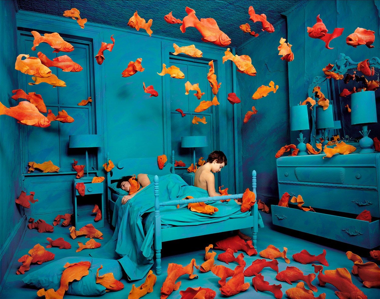 carta da parati a tema pesce,arancia,blu,turchese,camera,alzavola