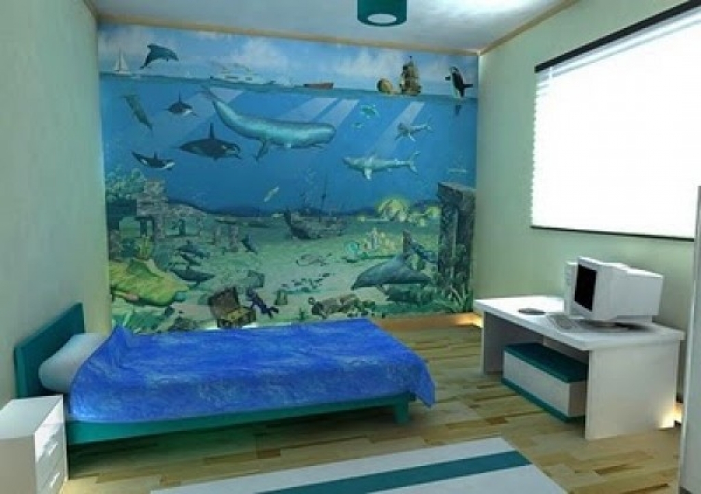 fish themed wallpaper,room,wall,property,bedroom,interior design