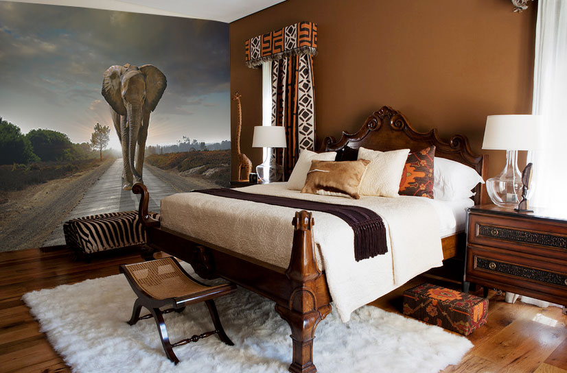 papel tapiz de temática africana,dormitorio,mueble,cama,habitación,diseño de interiores