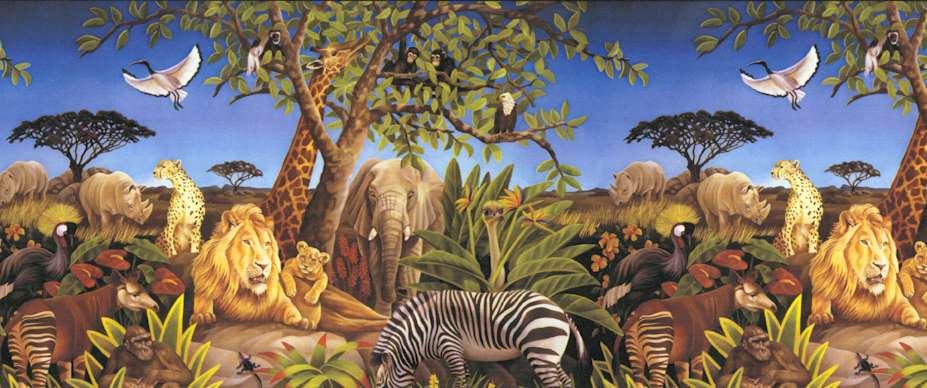 african themed wallpaper,jungle,natural environment,wildlife,terrestrial animal,tree